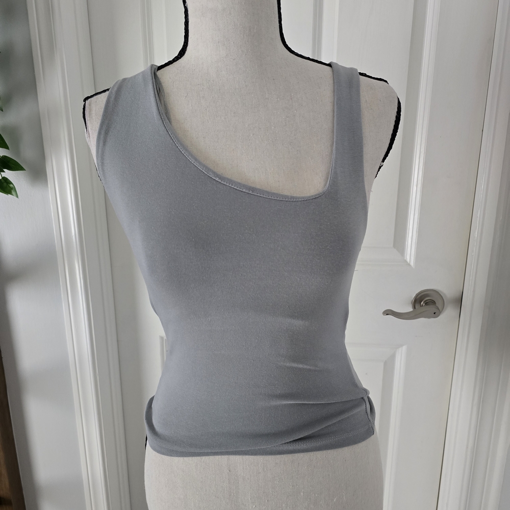 Zara Light Gray/Light Blue Asymmetrical Short Sleeve Top